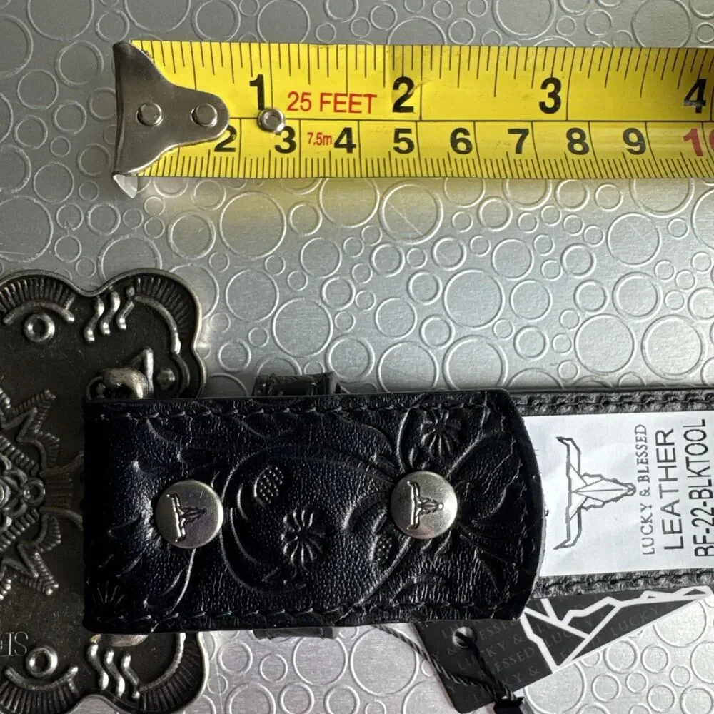 New Lucky & Blessed Black Embossed Concho Belt - Size S Runs Bigger Dust Bag